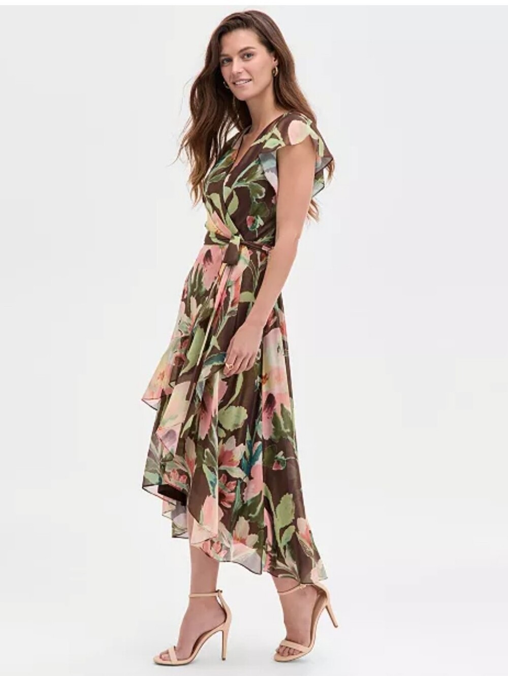 NWT Adrianna Papell Floral Hi Low Midi Dress Size 10 Ruffle Wrap Style $199 - Picture 2 of 11
